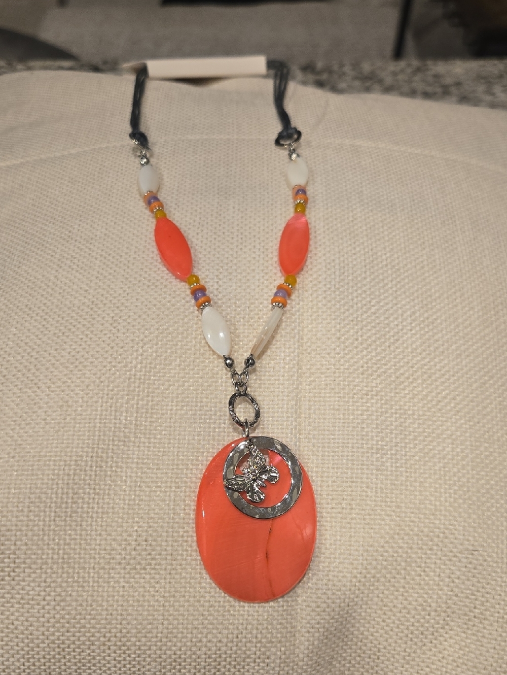 Christopher & Banks Coral and White Beaded Necklace with Silver Floral Charm
